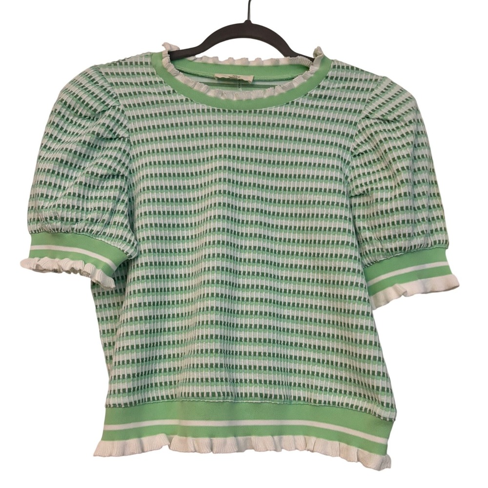 Entro Green White Striped Puff Sleeve Knit Top Ruffle Trim Size S F126108